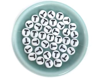 20 Alphabet Bead, Letter T, White, Czech Glass Bead, Personalized Bead, DIY Craft