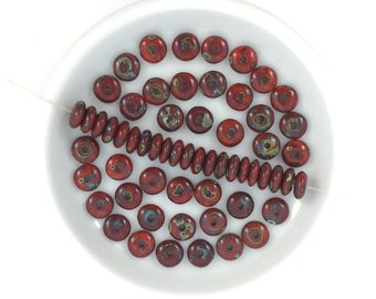 Vrac 100 Rondelle rouge Picasso, perles d’espacement de 5 mm, perles de verre tchèques, perles vintage, perles Boho, perles artisanales, A0018B AB1-3