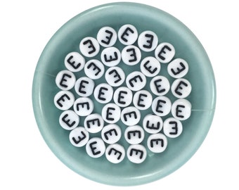 20 Alphabet Bead, Letter E, White, Czech Glass Bead, Personalized Bead, DIY Craft, Bulk