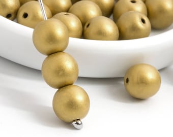 30 Matte Gold Beads, 7mm Frosted Beads, Round Glass Beads, Czech Beads, Vintage Druk Beads, Bohemian Beads, Craft Beads, A0006H