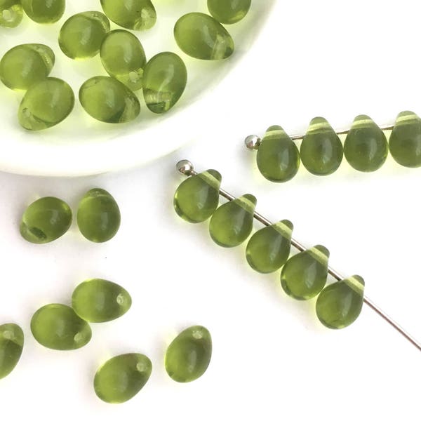 50 Peridot Green Teardrop Bead, 5x7 Glass Teardrop Charm Bead, Glass Drop Bead, Czech Glass Teardrop, Jewelry Making Bead, 3027F, CF2-6