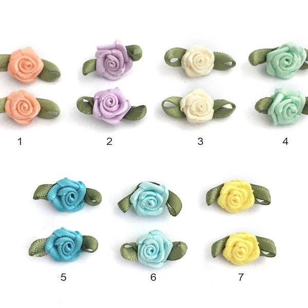 Coudre sur ruban Fleurs, Mini Bows, Ruban Roses, Roses Satin, Fleurs en tissu, Appliques de fleurs, Embellissements, 10x20, 7 couleurs, 1-2/3