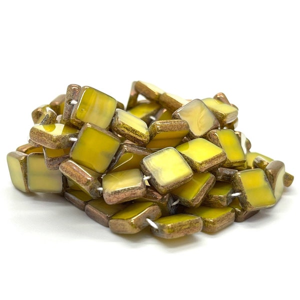 20 Vintage Czech Glass Beads Yellow Bronze, 9mm Square Bead, Geometric Bead, Window Bead, DIY Craft Bead, Jewelry Making Bead, 5000J CJ5-3