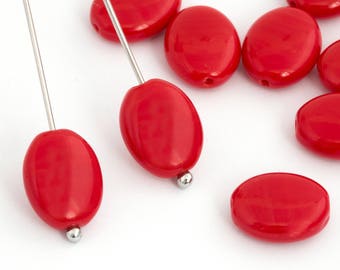 15 Opaque Red Oval Glass Bead, Flat Oval Bead, Vintage Glass Bead, Czech Glass Bead, DIY Jewelry, Craft Bead, 9x12 4140B, CB1-7