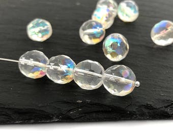 10mm Clear Glass Beads, Czech Fire Polished Beads, AB Round Faceted Beads, Bohemian Beads, Spacer Beads, Jewelry Making Beads, 15pc,1356M