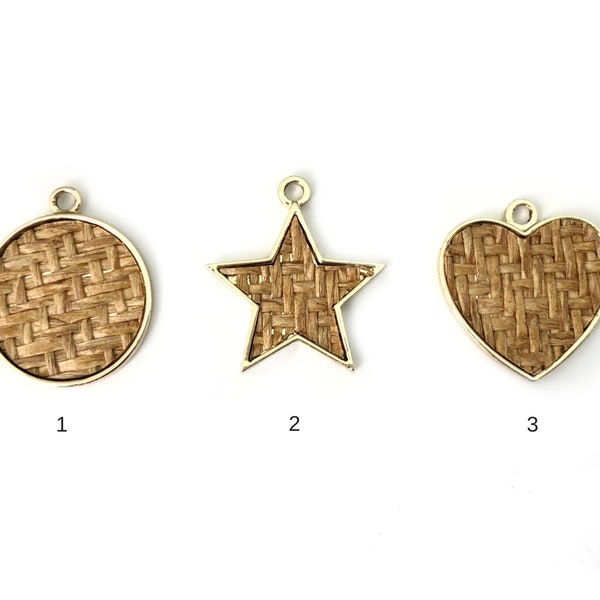 4 Metal Charm Pendant With Wicker Inlay, Star Charm, Star Pendant, Heart Charm, Heart Pendant, Necklace Pendant, Gold Plated, CH29, 1-7/10