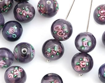 4 Purple Lampwork Beads, 10mm Vintage Beads, Czech Glass Beads, Flower Bead, Dark Purple Glass Beads, Handmade Bohemian Beads, LW021 LW2