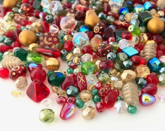 Glass Bead Mix Red Green White Bead Soup Mix Loose Bead Lot Jewelry Making Beads Glass Beads Christmas DIY Jewelry Kit