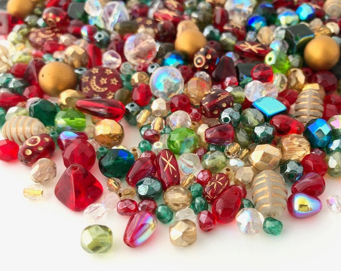 160g Bulk Lot Vintage Bead Mix, Czech Bead Soup, Christmas Bead