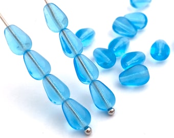 30 Aqua Blue Glass Teardrop Bead, Czech Bead, Glass Drop Bead, Pressed Bead, Charm Bead, Bohemian Bead, Jewelry Making Bead, 6x9, 3736C