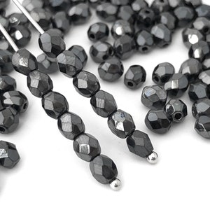 Bulk 50 Black Hematite Beads, 4mm Fire Polished Bead, Round Faceted Bead, Spacer Bead, Vintage Czech Glass Bead, Craft Bead, 1036A, FP2-5