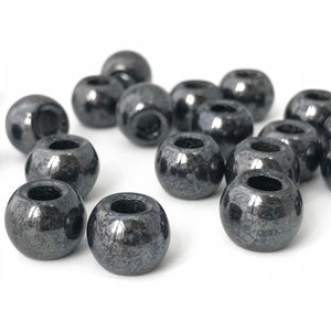 12mm Pony Beads, Large Hole Beads, Hematite Black Barrel Beads, Macrame Beads, Vintage Czech Glass Beads, Bohemian Bead, 8pcs, 2263A CA4-4