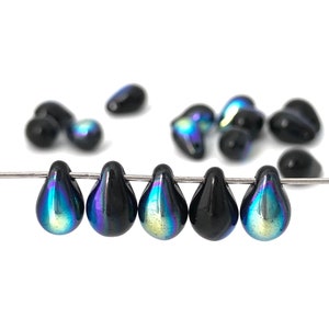 30 AB Black Teardrop Bead, Czech Pressed Glass Bead, Drop Bead, Charm Bead, Curtain Bead, 6x9, 1150A