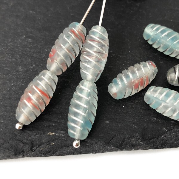 Gray Blue Long Oval Bead, Czech Pressed Glass Bead, Spiral Bead, Twisted, Tube, Silver Deco, Bohemian Bead, Multicolor,7x15, 20pcs, A0082C