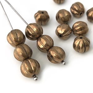 8mm Antique Gold Bead, Vintage Czech Glass Bead, Round Spacer Bead, Melon Bead, Bohemian Bead, DIY Jewelry, 20pcs, A0011H AH1-7