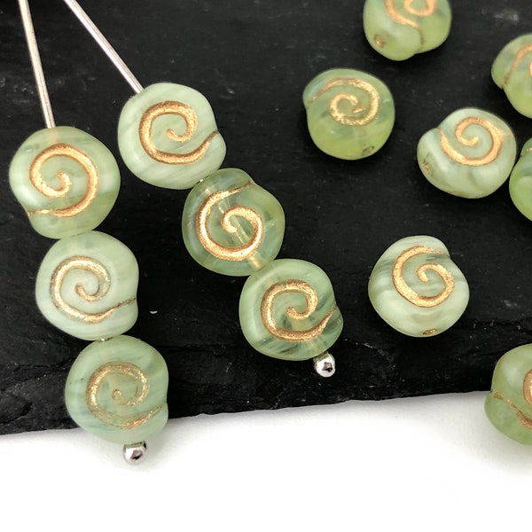 30pc 8mm Spiral Bead, Green Swirl With Gold Inlay, Flat Coin Bead, Czech Glass Bead, Frosted Spacer Bead, Jewelry Making Bead, 3586F CF1-2