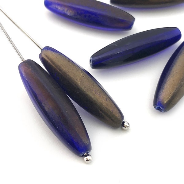 6 Lange Rohrperlen, Tschechische Glasperlen, Kobalt Blau Bronze Oval Perlen, Abstandsperlen, Boho Perlen, Schmuckherstellung Perlen, 3650C, CC7-6