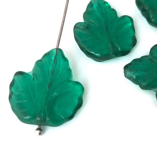 Green Glass Leaf Bead, Czech Glass Bead, Large Leaf Pendant, Charm Bead, Nature Bead, DIY Craft, Jewelry Making, 18x20, 6pcs, 3473F CF1-7