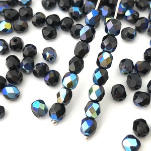 50 Black Fire Polished Bead, 5mm Round Faceted Bead, Czech Glass Bead, Glass Spacer Bead, AB Bead, Jewelry Making Bead, Wholesale Bead,1112A