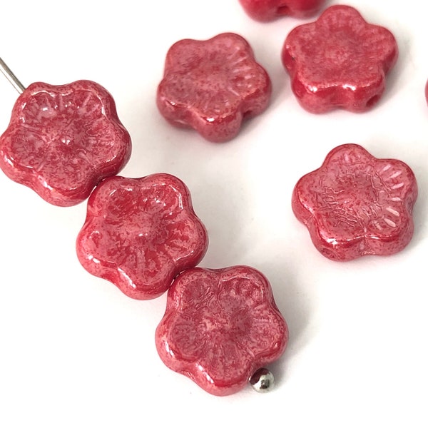 10mm Red Luster Glass Flower Bead, Czech Pressed Bead, Spacer Bead, Bohemian Bead, DIY Jewelry, 15pcs, A0036B AB1-3