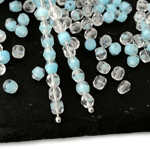 50 Two Tone Clear Blue Beads, 4mm Fire Polished Beads, Czech Glass Beads, Round Spacer Beads, Round Faceted Beads, Jewelry Making Bead,1051C