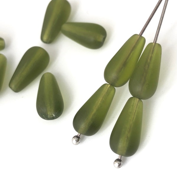 20 Olive Green Teardrop Bead, Glass Teardrop Matte Bead, Curtain Bead, Teardrop Charm Bead, Czech Bead, DIY Craft, 6x13, 1015F, CF3-6