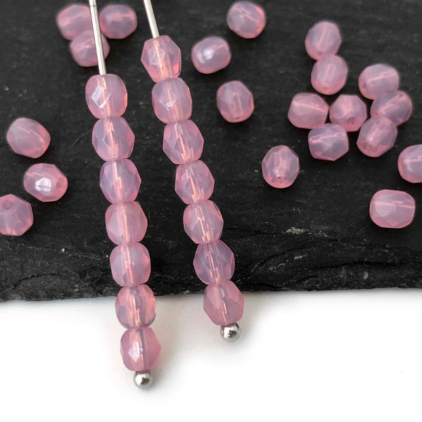 50pc 4mm Opal Pink Faceted Glass Bead, Round Spacer, Rosary Bead, Czech Fire Polished, 1094G