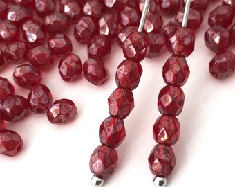 50 Luster Red Facettierte Perlen, 4mm Runde Spacer Perlen Czech Beads Feuerpolierte Perlen Craft Beads Vintage Perlen Perlenzubehör 1088B FP1-9