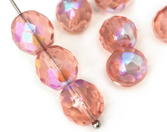 10mm AB Pink Glass Beads, Round Faceted Beads, Czech Fire Polished Beads, Spacer Beads, Jewelry Making Bead, 15pc, 1374G