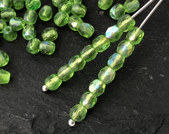 50pc 4mm Fire Polished Bead, Green Glass Bead, Czech Bead, Round Faceted Bead, Small Spacer Bohemian Bead, Peridot Green AB, 1080F FP1-8