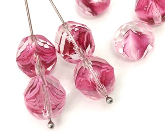 6pc 12mm Fire Polished Bead, Swirl Bead, Transparent Pink, Two Tone Bead, Round Faceted Bead, Large Glass Bead, DIY Craft Bead, 1394G, FP4-4