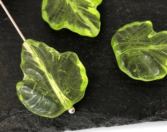 6 Peridot Green Leaf, Vintage Czech Glass Bead, Pendant, Charm, 18x20, 3471F, CF1-7