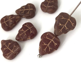 12 Red Leaf Beads with Gold Decor, Czech Glass Beads, Matte Beads, Bohemian Beads, Nature Beads, Jewelry Making Bead, 10x13, 4033E, CE4-6
