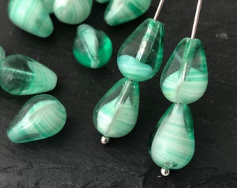 15 Czech Glass Teardrop Vintage Bead  Emerald Green Swirl DIY Craft Jewelry Making Bead 8x12 1881F CF1-6