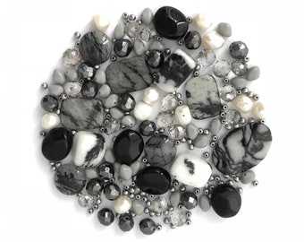 Jewelry Bead DIY Kit, Bead Soup, Necklace Kit, Assorted Bead Mix, Black Gray Combo, Semiprecious Stone, Czech Glass Bead, BM086