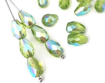 Czech Fire Polished Teardrop Bead, Faceted Drop, Charm Bead, Peridot Green AB, 7x10, 12pcs, 1503F FP5-3