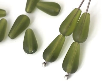 20 Olive Green Teardrop Bead, Glass Teardrop Matte Bead, Curtain Bead, Teardrop Charm Bead, Czech Bead, DIY Craft, 6x13, 1015F, CF3-6