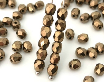 50 goudbrons gefacetteerde glaskraal, 4 mm Tsjechisch vuurgepolijst, rozenkranskraal, boho-kraal, 50 stuks, 1038A, FP2-5
