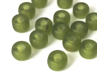 Bulk 50 Pony Beads Large Hole Macrame Beads Frosted Matte Green Spacer Beads Czech Glass Beads, Vintage Beads, 4x6, 2568F CF1-8
