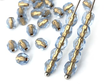 Bulk 50 Light Blue Beads, 5mm Czech Fire Polished Beads, Round Faceted Bead, Spacer Bead, Wholesale, Gold Lined, 1133C FP2-5