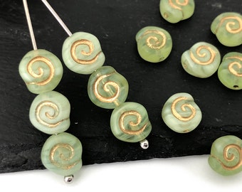 30pc 8mm Spiral Bead, Green Swirl With Gold Inlay, Flat Coin Bead, Czech Glass Bead, Frosted Spacer Bead, Jewelry Making Bead, 3586F CF1-2