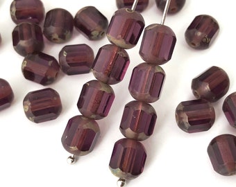 20 Cathedral Beads Purple Picasso, 8mm Fire Polished Beads, Czech Glass Beads, Barrel Beads, Jewelry Making Bead, 1555D FP5-7