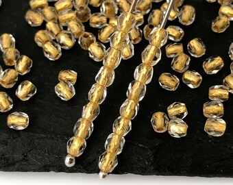 50 heldergouden facetkralen, ronde afstandkralen van 3 mm, Tsjechische vuurgepolijste kralen, vintage kralen, ambachtelijke kralen, bulk, 1026 uur, FP1-3