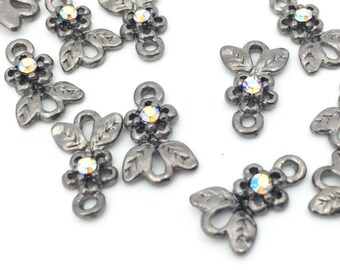 10 Gunmetal Strass Verbinder, Halskette Verbinder, Armband Verbinder, Ohrring Verbinder, Blumen Charm, AB Kristall SS8, 1-8/11
