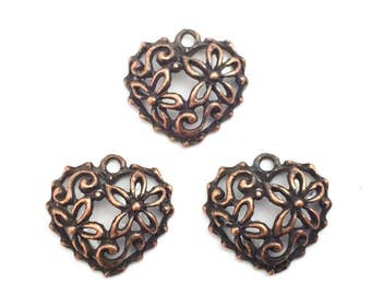 10 Antique Copper Heart Pendant, Metal Heart Pendant, Puffy Heart Charm, Filigree Heart Necklace Charm Pendant, Bracelet Charm, 18x19,1-8/10