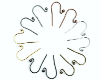 50 French Earring Hooks Earring Findings, Earwire With Ball Rhodium Gunmetal Antique Silver Bronze Copper RN 3-1/4