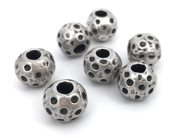 Organic Round Spacer Bead, Metal Focal Bead, Large Hole, Antique Silver, Brass Findings, 10mm, 6pcs, Made In Italy, 1-2/8