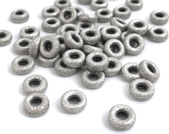 7mm Silver Donut Beads, Brass Rondelle Beads, Metal Spacer Beads, Large Hole Beads, Sandblasted Ring, 10pcs, Made In Italy, 1-2/8
