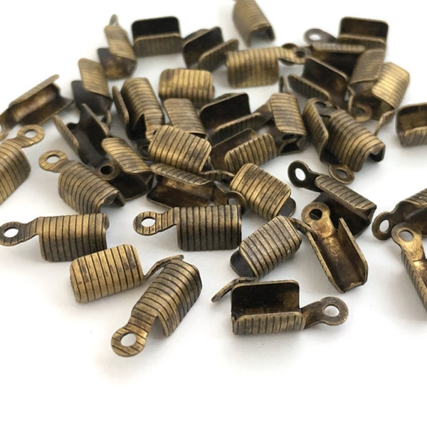 Leren eindkap, vouw over krimp, lederen sluiting, lintkrimp, metalen connector, antiek brons, 3,5x12, 50st, MF0376, 1-8/7