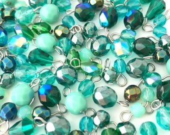100 Bulk Lot, Bead Soup, Czech Bead Mix, Fire Polished, Assorted Charm, Dangle Bead Charm, Teal Green, DIY Craft, BM090